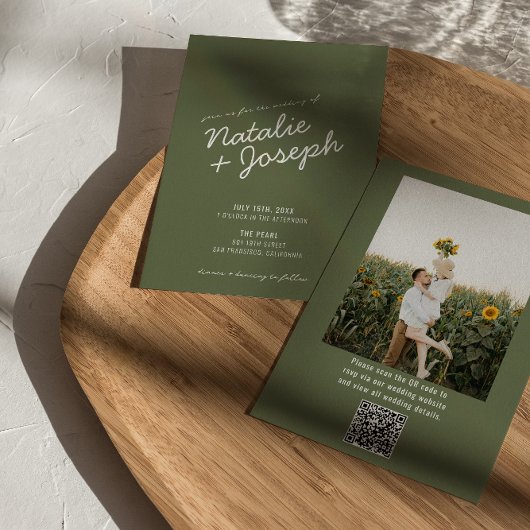 Grüne whimsical Sommer Foto QR Code Hochzeit Einladung