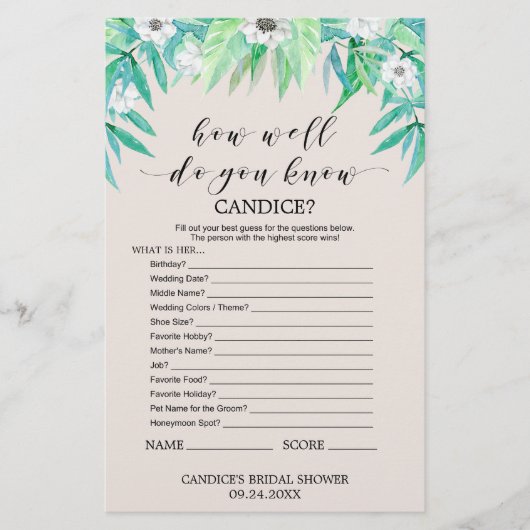 Grüne "Wie gut kennst du die Braut" Spiel (Vorderseite)