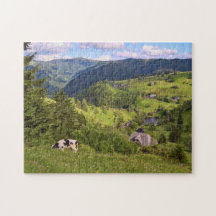 Grüne Wiesen und eine Kuh mit Panoramaansicht