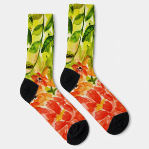 Grüne Wild blühende Korallen Blume Wasserfarbe Socken