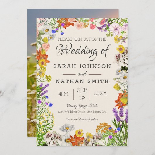 Grüne Wildblume farbenfrohe Blumengestelle Einladung (Vorne/Hinten)