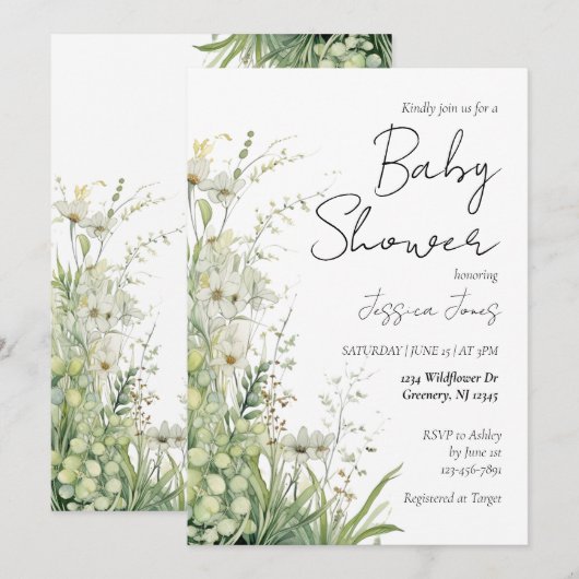 Grüne Wildblume Kinderdusche Einladung (Vorne/Hinten)