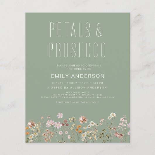 Grüne Wildblume Petals & Prosecco Einladung (Vorderseite)