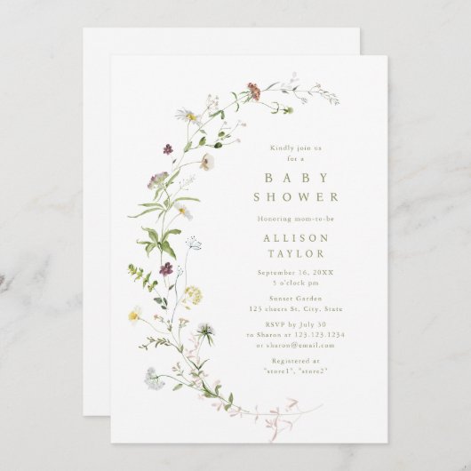 Grüne Wildblume Rustic Boho Babydusche Einladung (Vorne/Hinten)