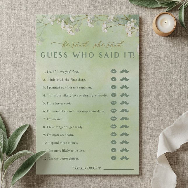 Grüne Wildblumen Er-Sie-Sagte-Spiel (He Said, She Said Bridal Shower Game Card)
