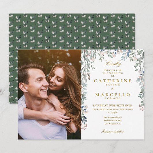 Grüne Wildblumen Kaskade Foto Hochzeit Einladung (Vorne/Hinten)