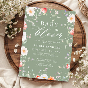 Grüne Wildblumenwiese Baby in Blüte Baby Shower Einladung
