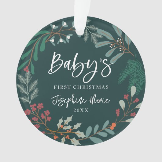 Grüne Winter Botanical Baby's First Christmas Ornament (Vorderseite)