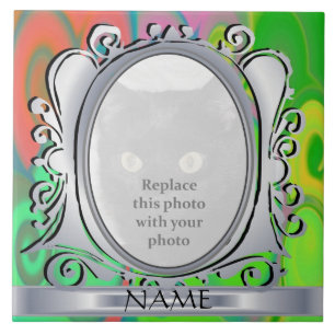 Grüne Wirbel Oval Foto Rahmen mit Namenszug Fliese