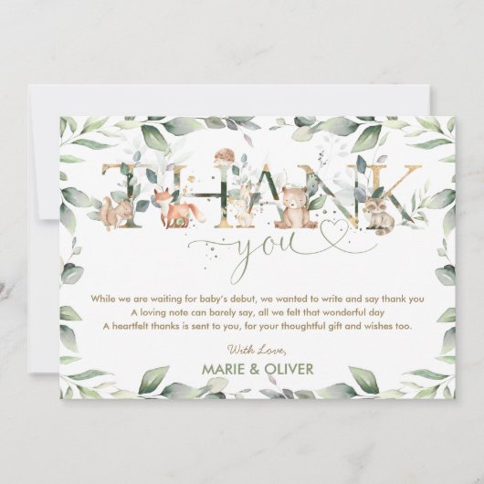 Grüne Woodland Babydusche Geburtstag Dankeskarte (Vorderseite)