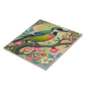 Grüne Woodpecker Bird Orientalisch Rosa Blüte Fliese (Seite)
