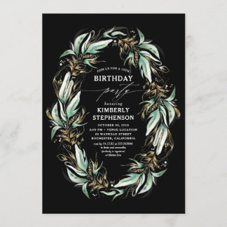 Grüne Wreath Elegant Modernes Schwarzes Geburtstag Einladung