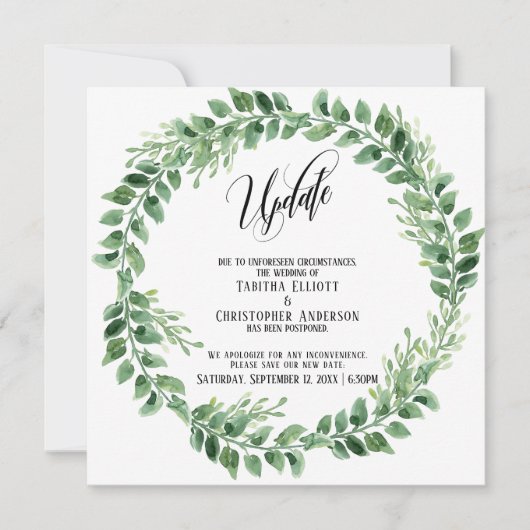 Grüne Wreath - Hochzeitsaktualisierkarte aufgescho Einladung (Vorderseite)