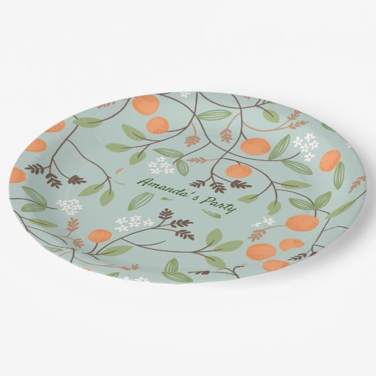 Grüne Zitrusfrüchte und Orange Blossom Pappteller (Schrägansicht)