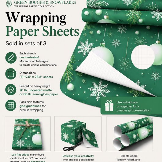 Grüne Zweige und Schneeflocken Geschenkpapier Set
