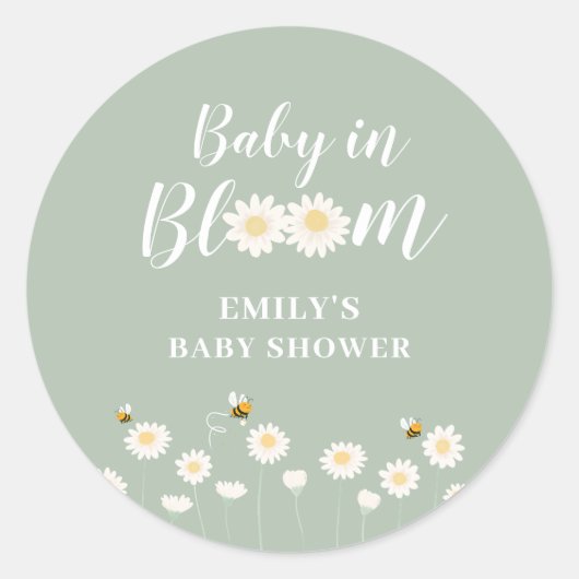 Grünen Boho Daisy Blumenbaby in Blütendusche Runder Aufkleber (Vorderseite)