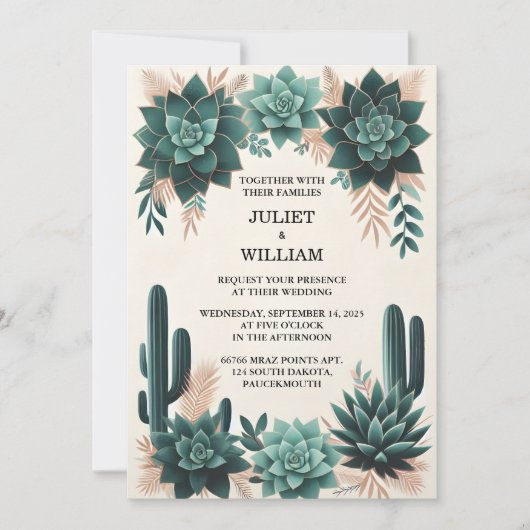 Grünen Boho Leaf Wüste Cacti Sukkulente Hochzeit Einladung (Vorderseite)