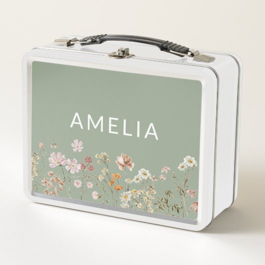 Grünen Boho Wildblume zurück zur Schule Metall Brotdose (Vorderseite)