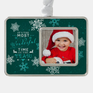 Grünen Foto Weihnachten Die schönste Zeit Rahmen-Ornament Silber