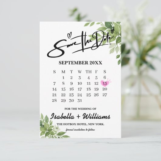 Grünen Kalender Hochzeit speichern Datum Begleitkarte (Stehend Vorderseite)