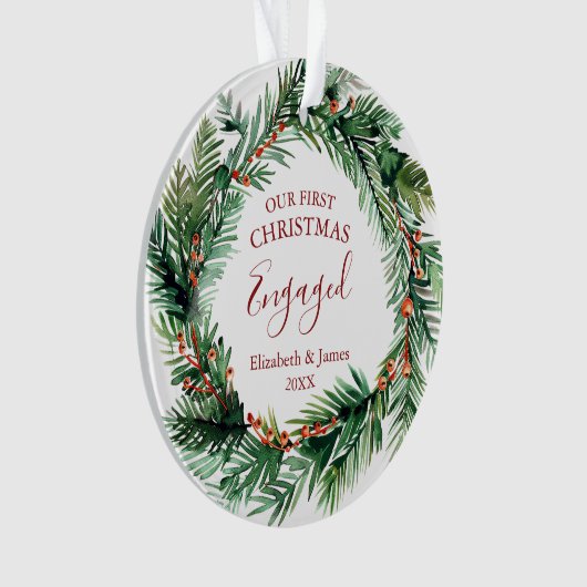 Grünen Kranz Unser erstes Verlobtes Foto zu Weihna Ornament (Vorderseite)