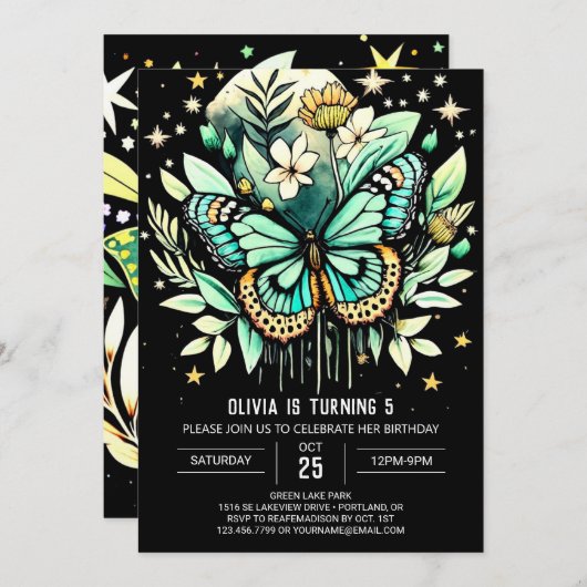 Grünen Schmetterling Geburtstag Einladung (Vorne/Hinten)