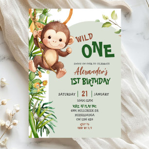 Grüner Affe Wild One Safari Erster Geburtstag Einladung