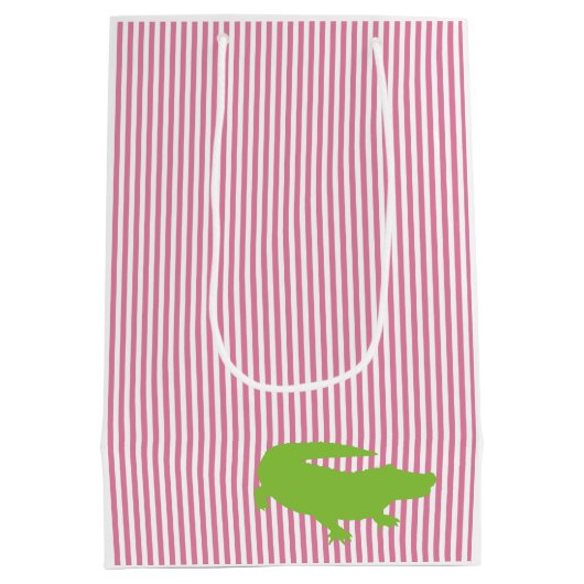 Grüner Alligator Rosa Streifen Preppy Bunte Spaß Mittlere Geschenktüte (Rückseite)