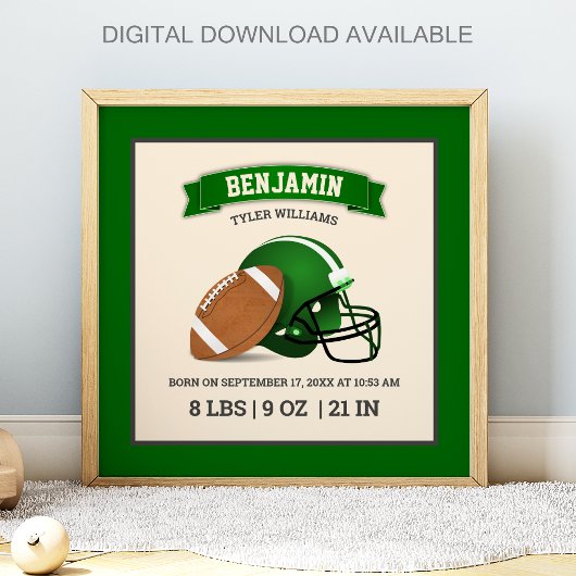 Grüner American Football Helm Baby Geburtsstatisti Poster