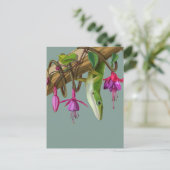 Grüner Anolis mit Fuchsien Postkarte (Stehend Vorderseite)