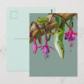 Grüner Anolis mit Fuchsien Postkarte (Vorne/Hinten)