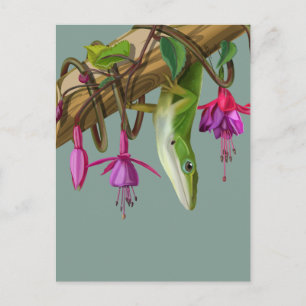 Grüner Anolis mit Fuchsien Postkarte