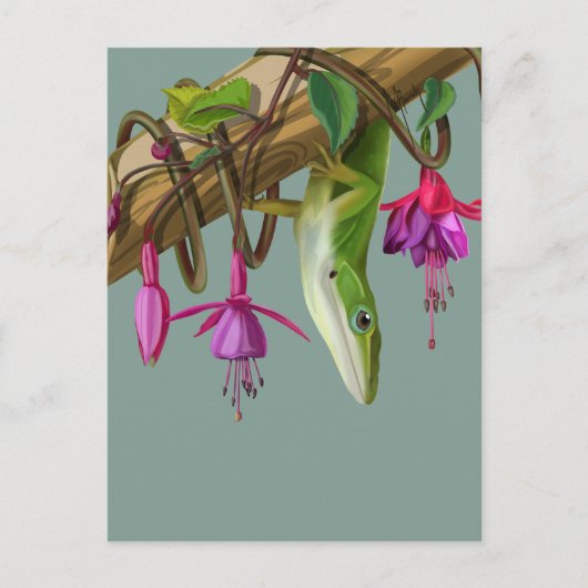 Grüner Anolis mit Fuchsien Postkarte (Vorderseite)