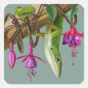 Grüner Anolis mit Fuchsien Quadratischer Aufkleber