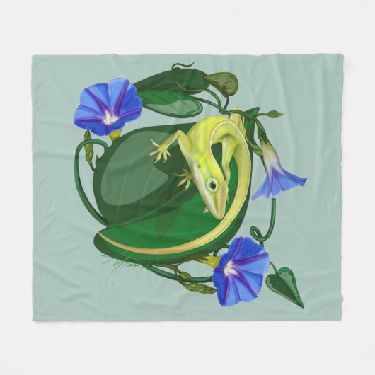 Grüner Anolis mit Prunkwinde  Fleecedecke (Vorderseite (Horizontal))