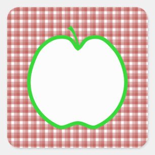 Grüner Apfel mit rotem und weißem Karo-Muster. Quadratischer Aufkleber