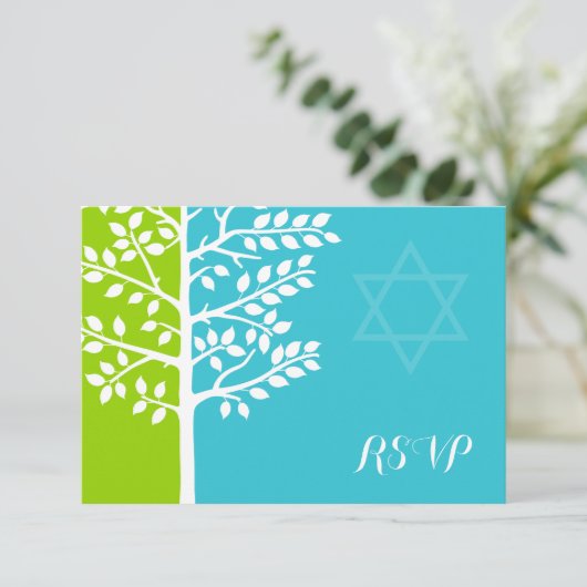 Grüner Aquamariner Blauer Baum Bat Mitzvah UAWG RSVP Karte (Stehend Vorderseite)