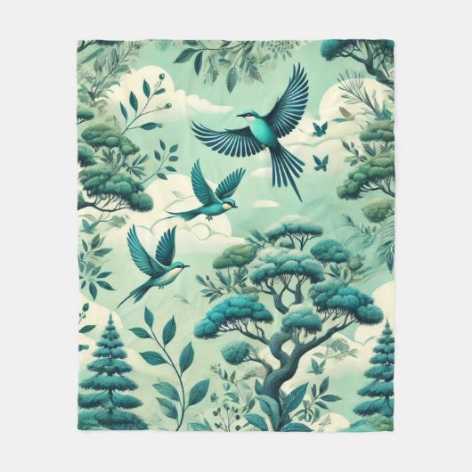 Grüner Aquamariner Wald und Vogelmuster Fleecedecke (Vorderseite)