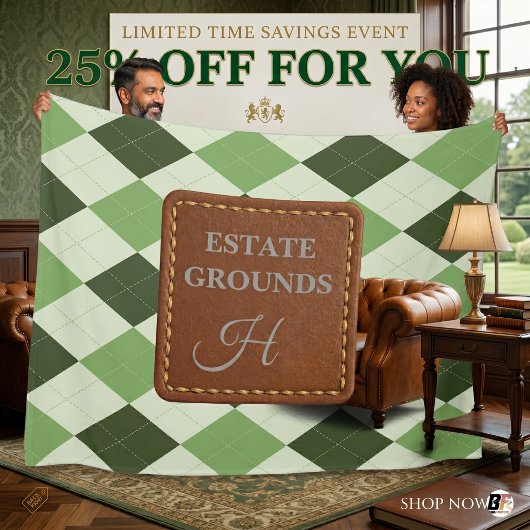 Grüner Argyle-Kunstleder-Monogramm im Prep-Stil Fleecedecke
