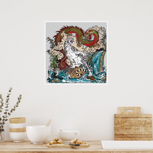 Grüner asiatischer Drache VS Weißer Tiger. Abbildu Poster (Küche)
