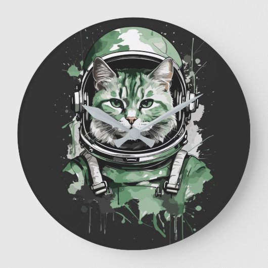 Grüner Astronautenkatze Große Wanduhr (Vorderseite)