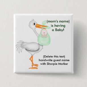 Grüner Baby-Duschen-Namen-Buttone Storch Button