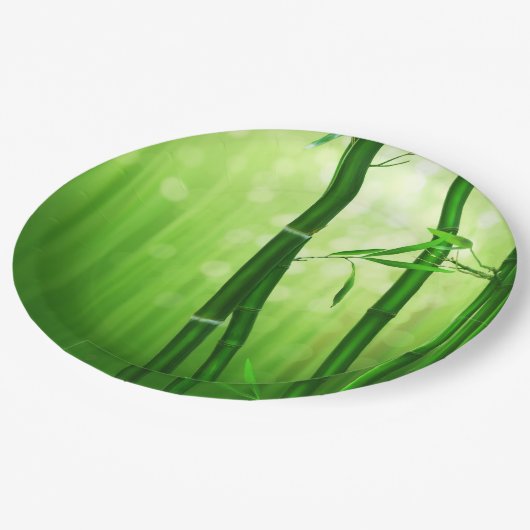 Grüner Bambus mit blassfarbenen Bokeh-Lichtern hin Pappteller (Schrägansicht)