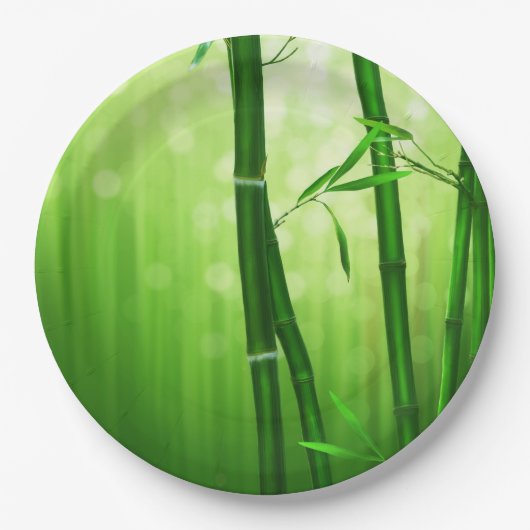 Grüner Bambus mit blassfarbenen Bokeh-Lichtern hin Pappteller (Vorderseite)