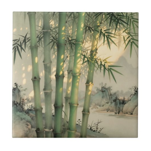 Grüner Bambuswald Chinesische Tinte Fliese (Vorderseite)
