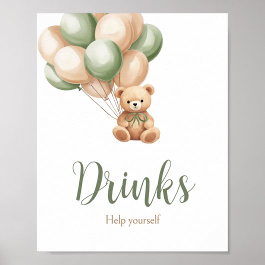 Grüner Bär Ballon Babydusche Getränke Poster (Vorne)