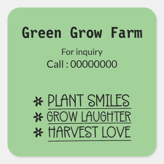 Grüner Bauernhof Kontaktnr. viereckiger Aufkleber (Vorderseite)