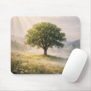 Grüner Baum in Wiesennebel Mousepad