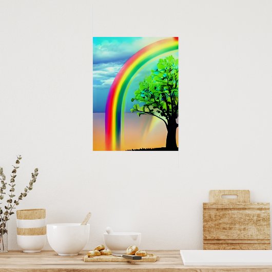 Grüner Baum unter einem Regenbogen Poster (Küche)