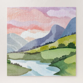 Grüner Berg Sonnenaufgang | Aquarell Puzzle